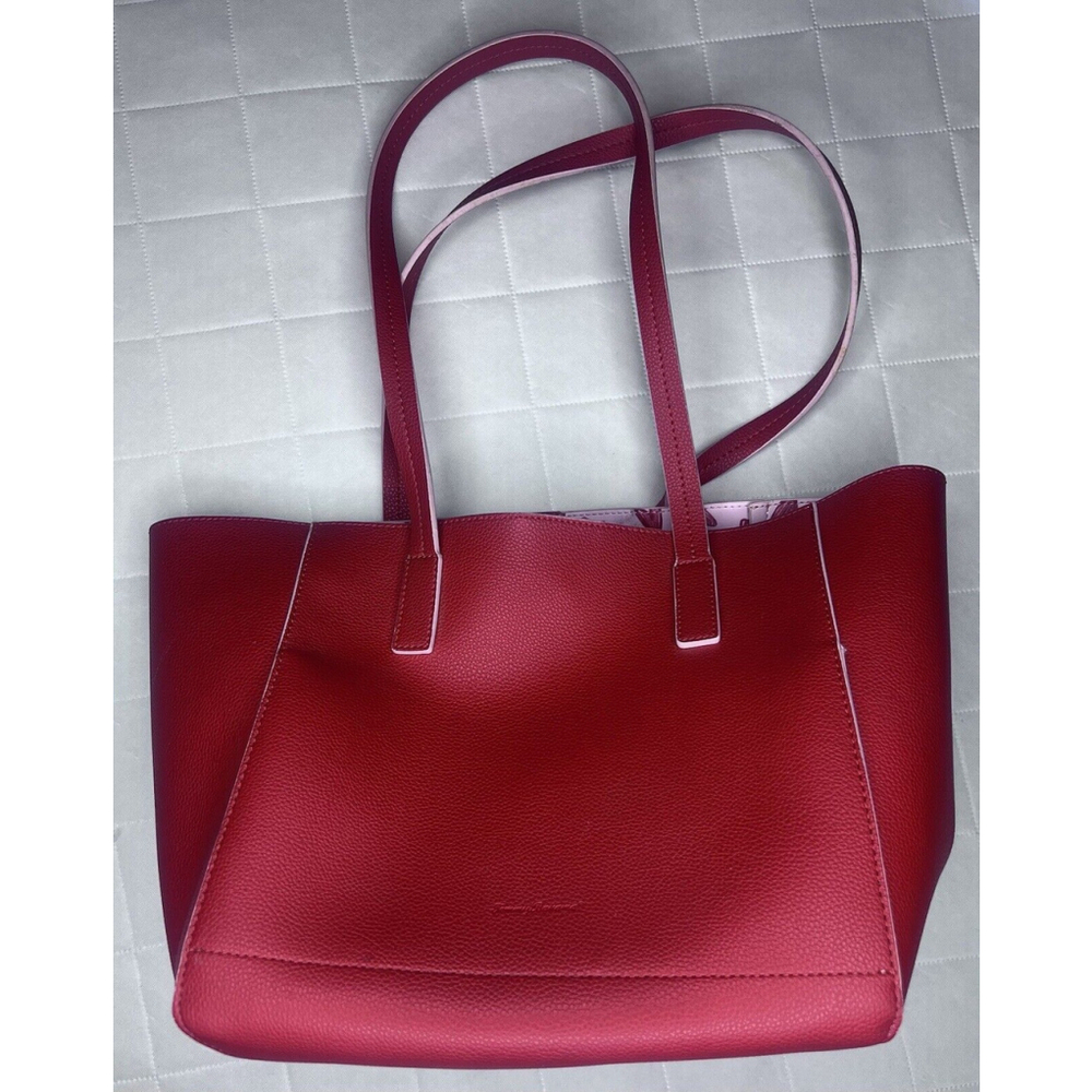 Tommy Bahama Faux Pebble Leather Red/hearts Reversible Tote Bag W/insert